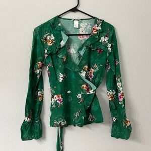 H&M Womens 8 Green Floral Wrap Blouse Ruffle Long Sleeve Peplum Boho Top